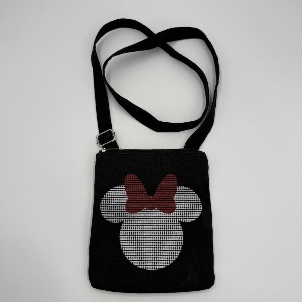 Disney Parks Minnie Mouse Crossbody Bag Purse Black Canvas Silver Icon Red Bow
